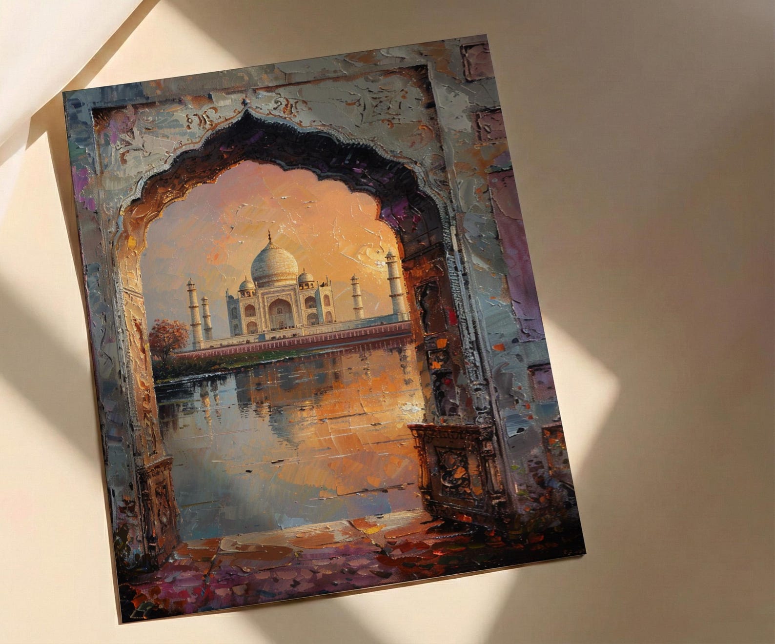 Taj Mahal Oil Painting Poster, India Wall Art, Agra Archway Art Print, Sunset Architecture, Romantic Travel Decor, Impasto Style — view 4