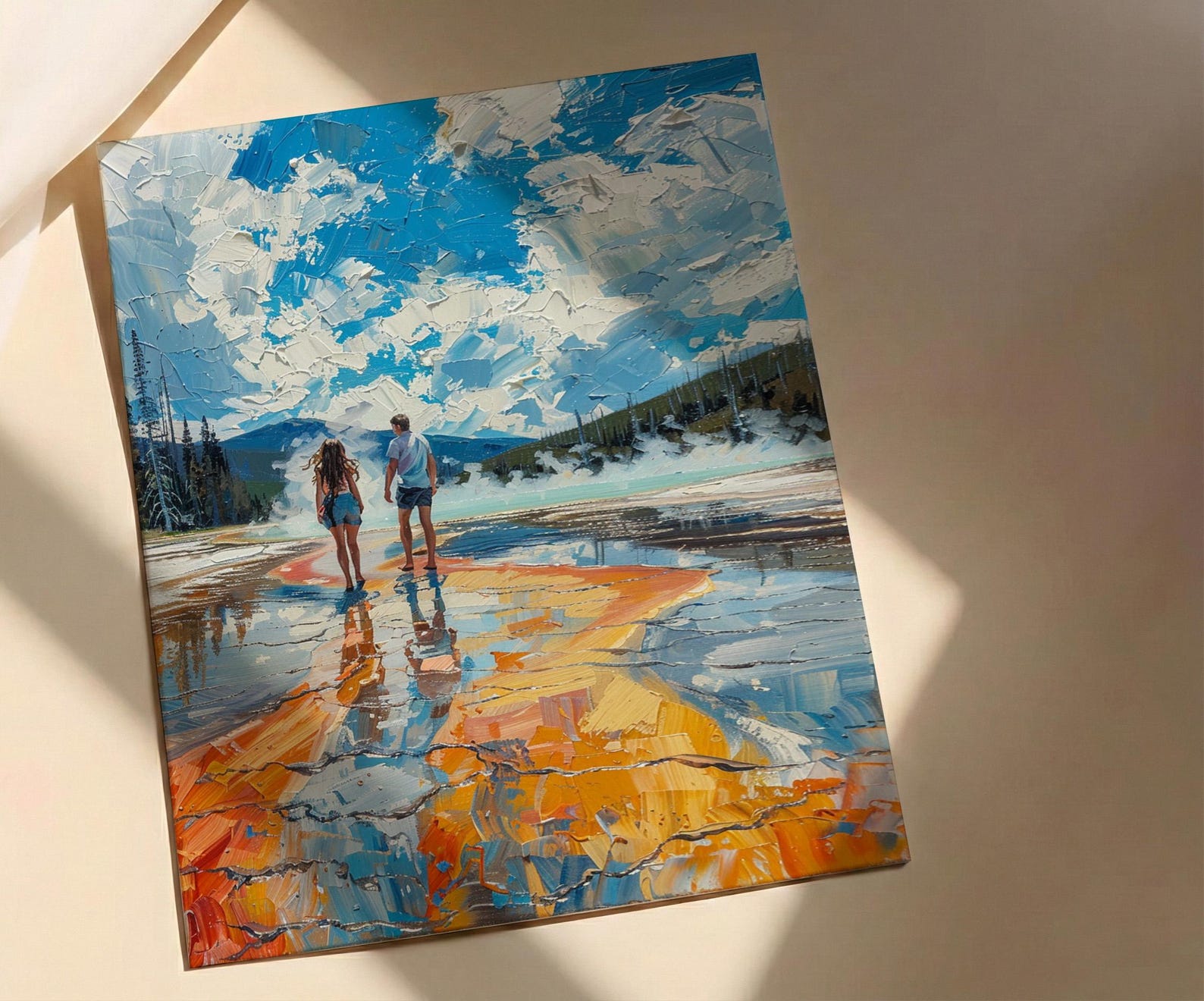 Yellowstone Wall Art, National Park Couple Print, Geyser Landscape Painting, Nature Travel Decor, Colorful Thermal Art — view 2