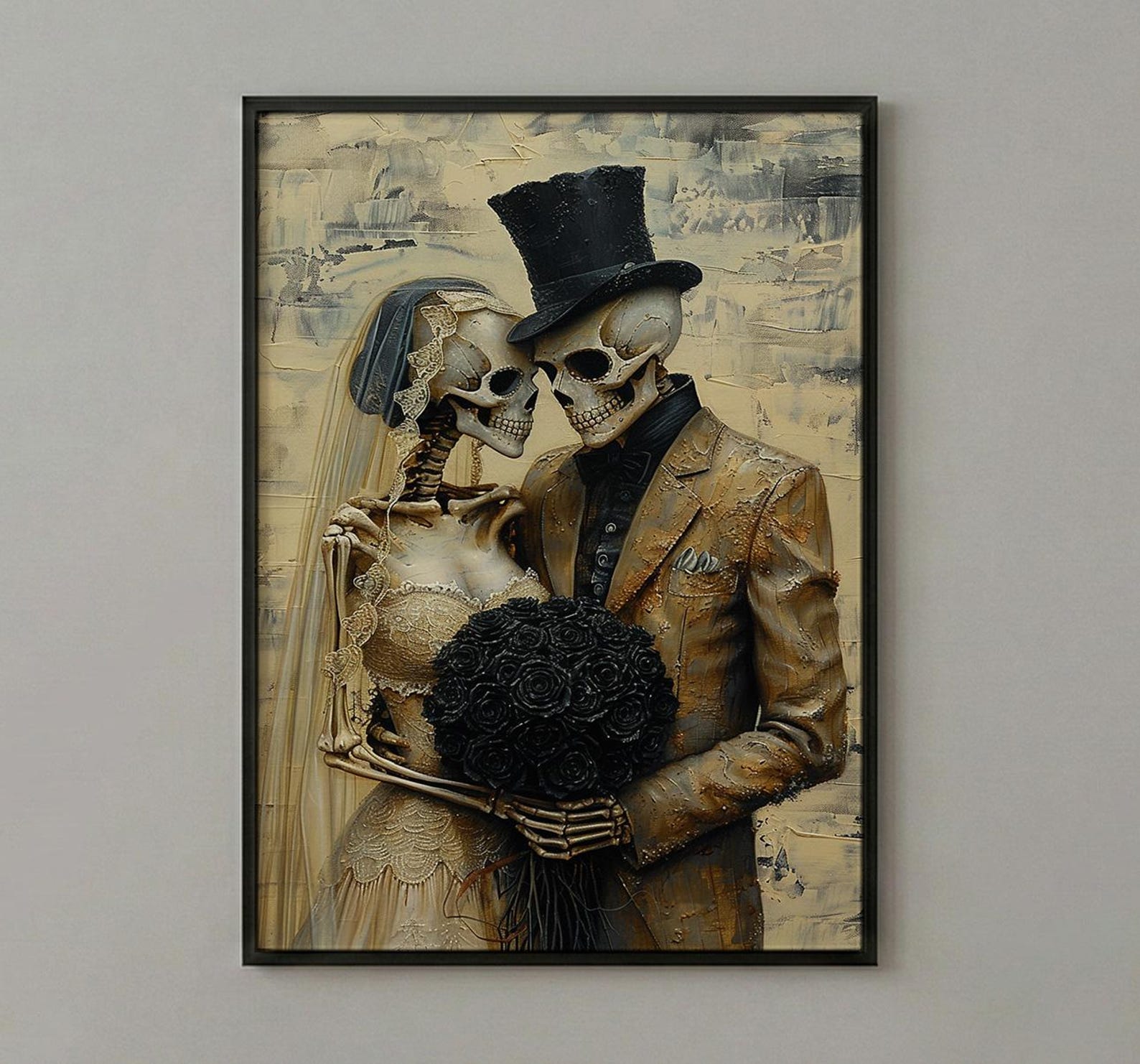 Skeleton Wedding Art, Gothic Bride Groom, Till Death Do Us Part, Impasto Oil Painting, Victorian Goth, Anniversary Gift, Dark Love — view 3