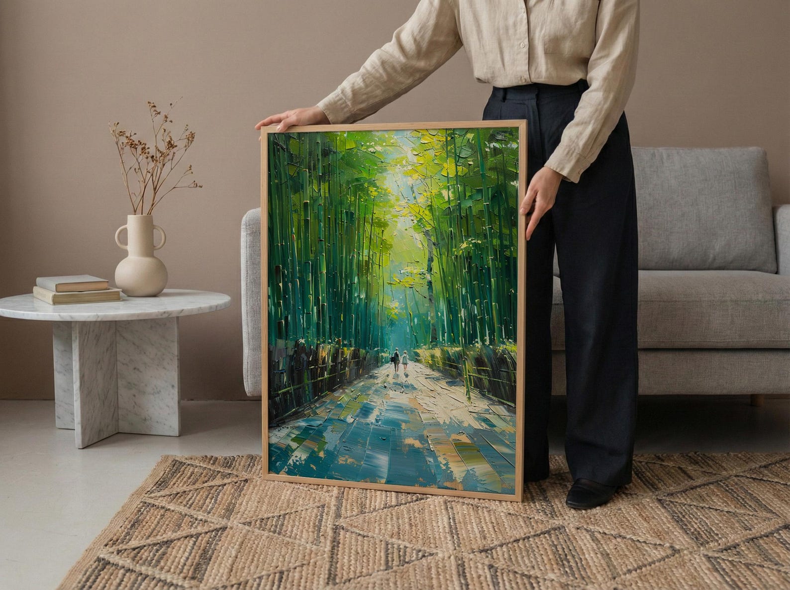 Bamboo Forest Art, Kyoto Travel Print, Green Wall Decor, Impasto Oil Painting, Zen Garden, Nature Lover Gift, Wedding Gift — view 5
