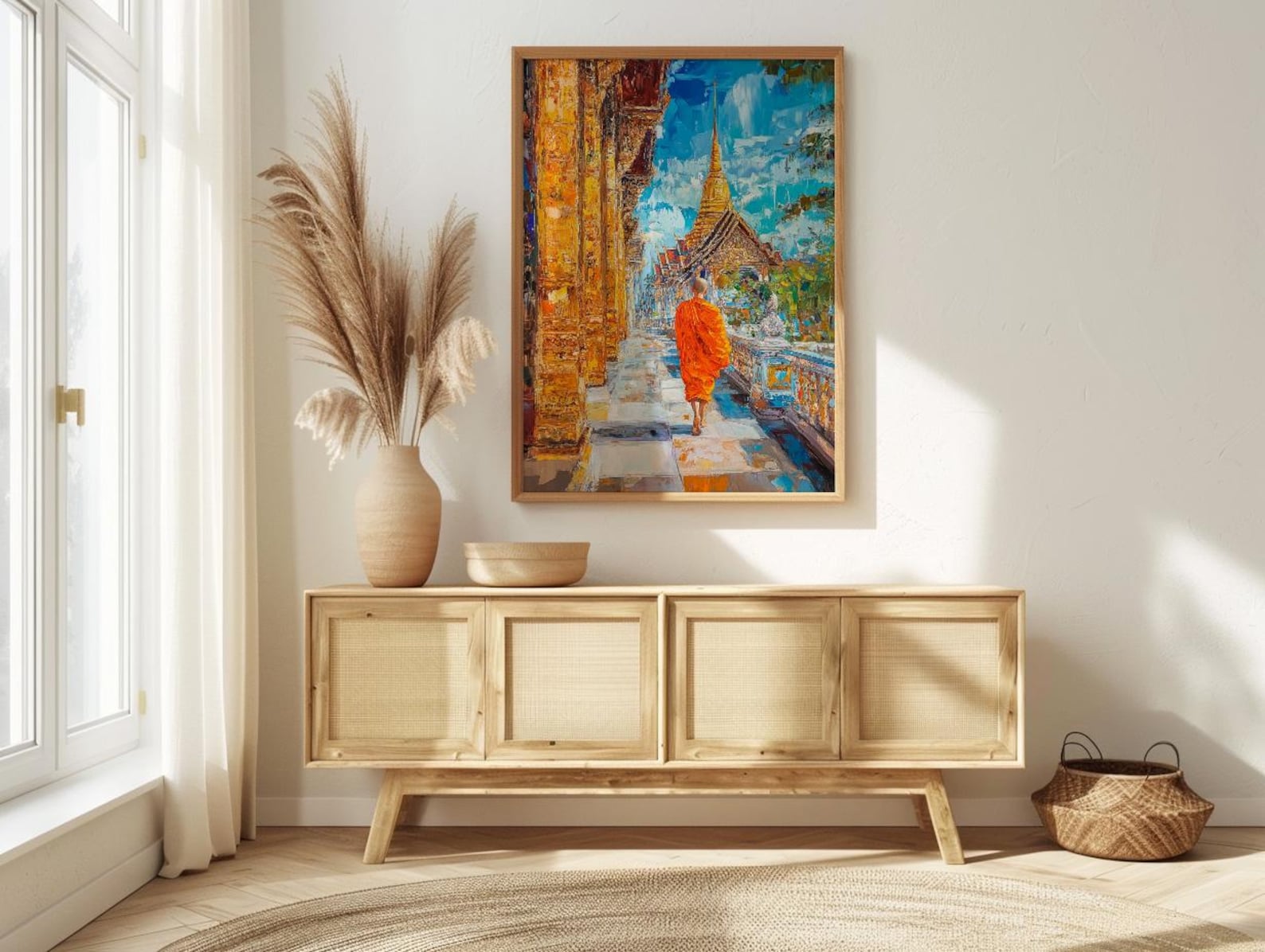 Thai Buddhist Monk Oil Painting Poster, Golden Temple Bangkok Art Print, Spiritual Asia Wall Art, Meditation Decor, Impasto Architecture — view 2