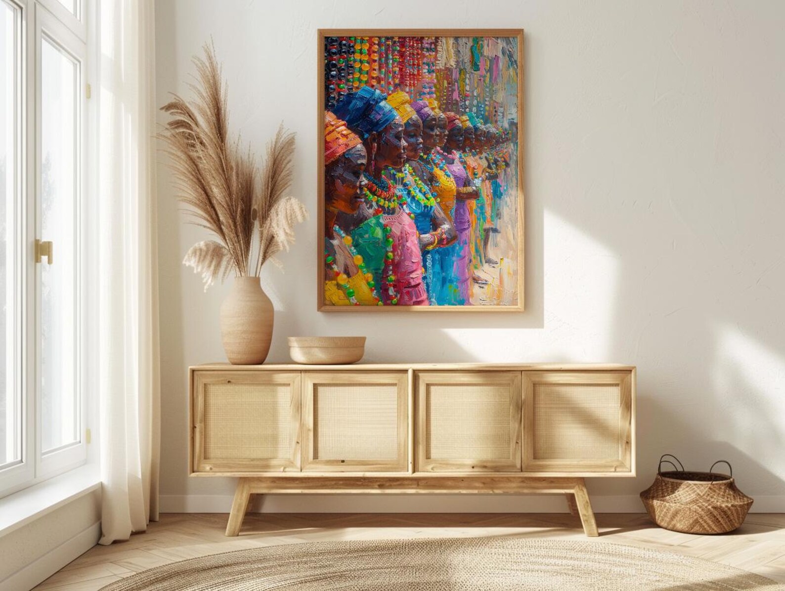 African Jewelry Wall Art, Beaded Craft Decor - Street Stall Landscape — view 2