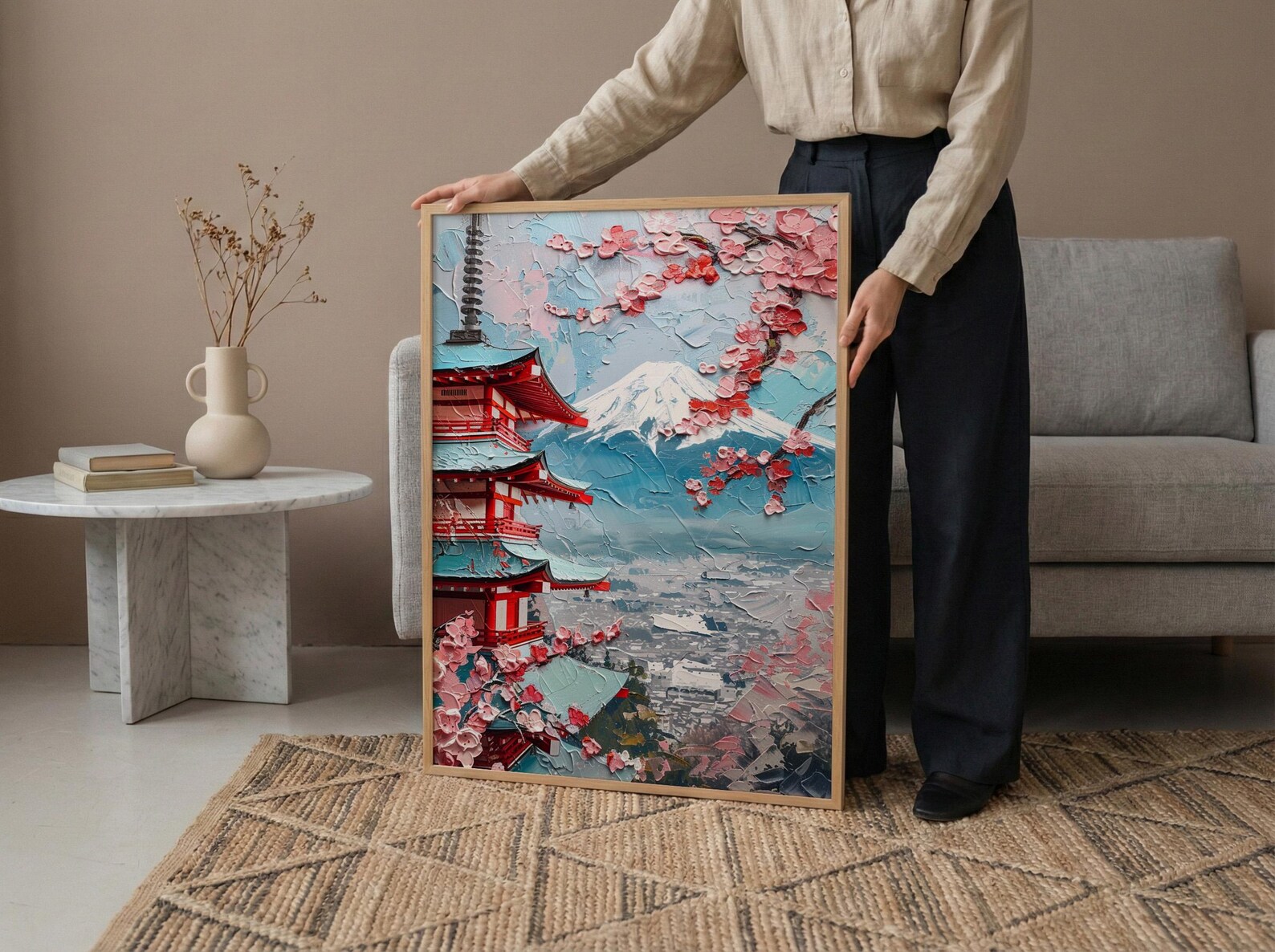 Japanese Chureito Pagoda Oil Painting Poster, Mount Fuji Sunset Art Print, Sakura & Pagoda Wall Art, Japan Travel Decor, Impasto Landscape — view 5