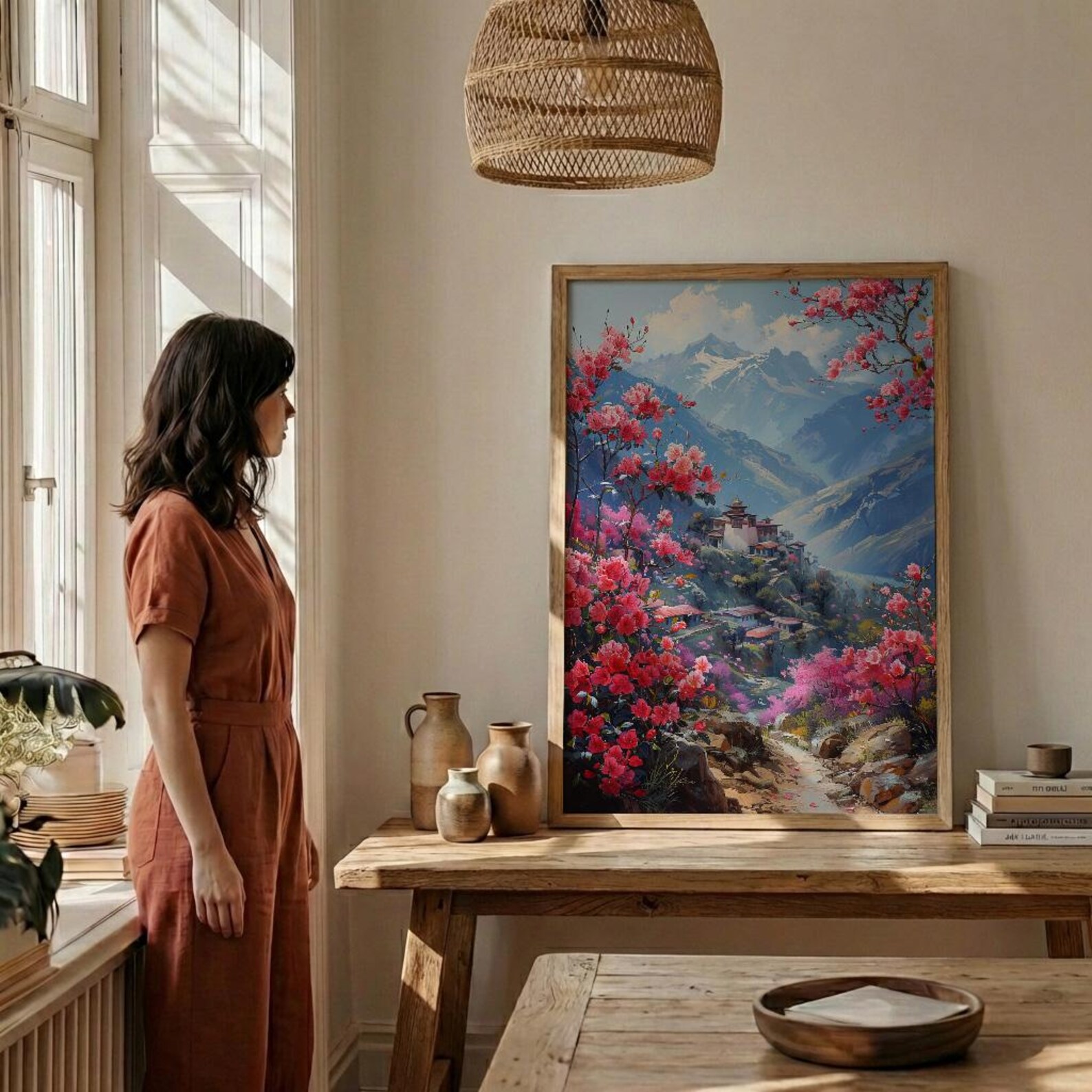 Bhutan Mountain Valley Wall Art, Red Rhododendron Decor - Living Room Decor — view 6