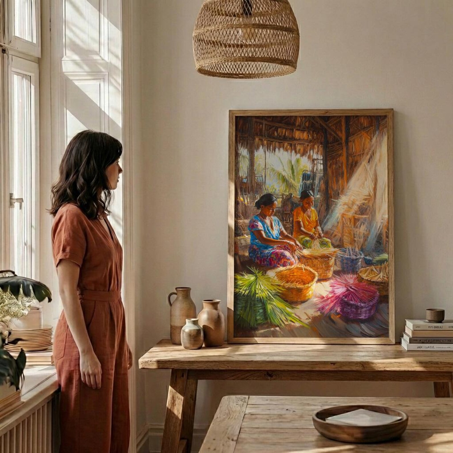 Traditional Village Women Oil Painting Poster, Basket Weaving Art Print, Rustic Hut Wall Art, Tropical Daily Life, Impasto Decor — view 3