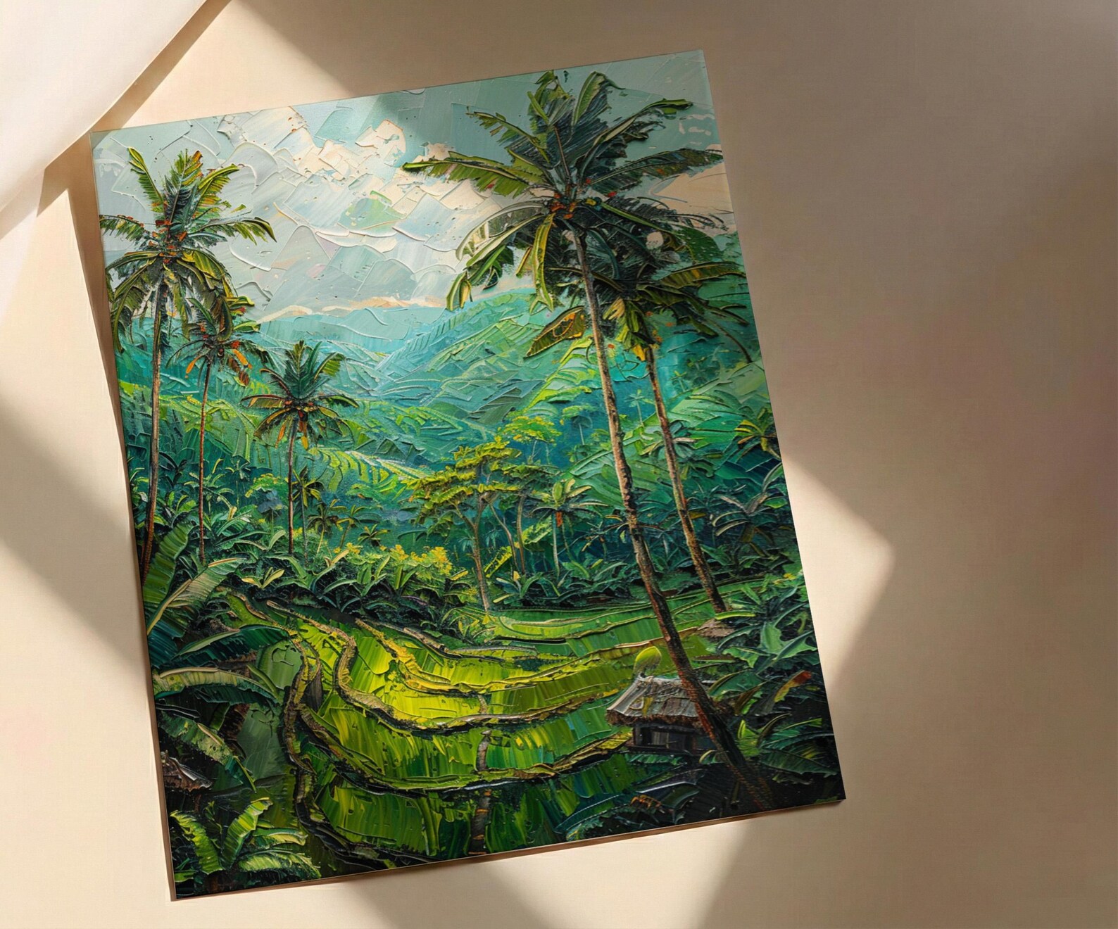 Bali Rice Terrace Oil Painting Poster, Ubud Jungle Art Print, Tropical Palm Tree Wall Art, Indonesia Travel Decor, Impasto Nature Landscape — view 5