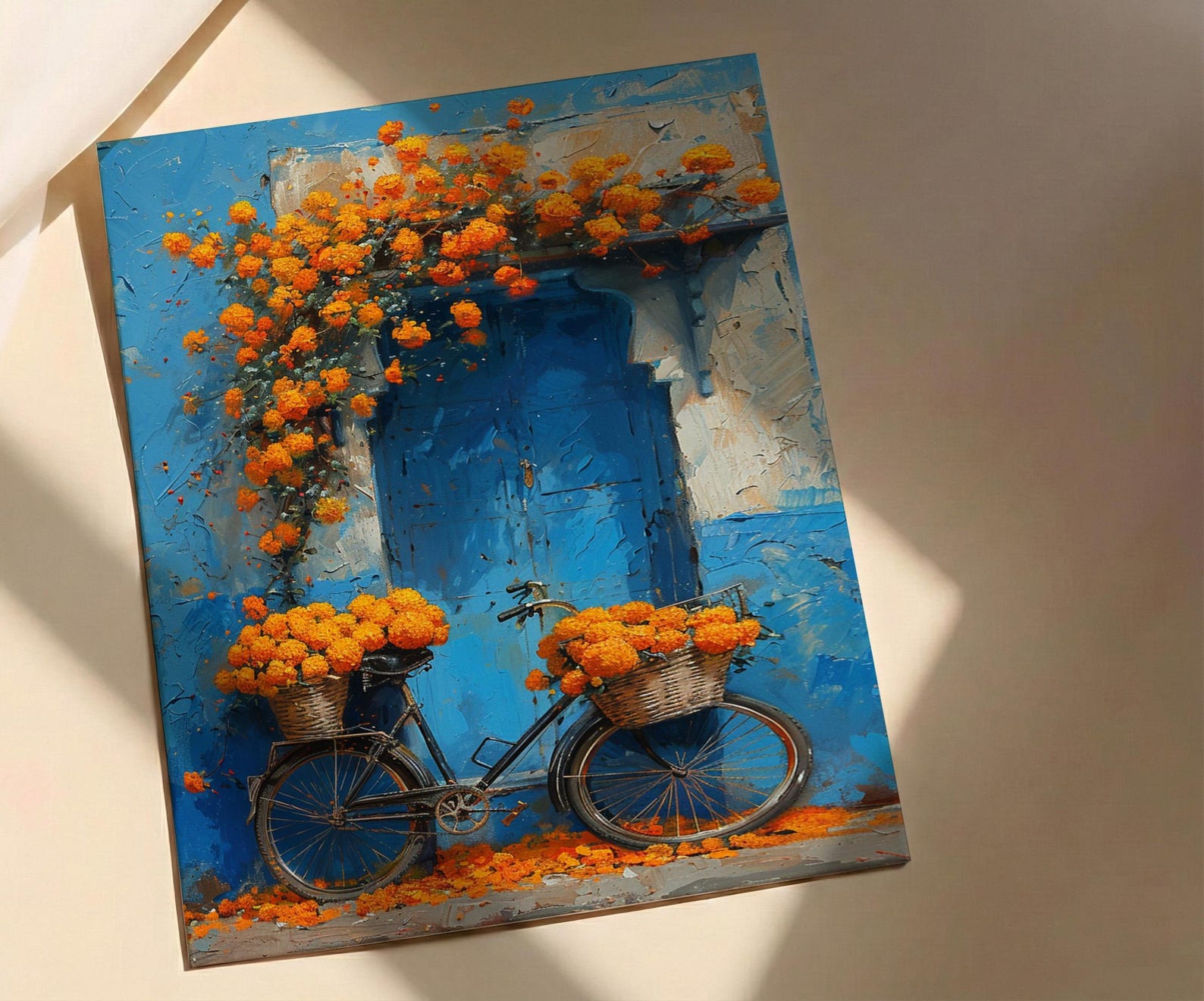 Jodhpur Blue Wall Art Print, Orange Marigold Spring Decor - Entryway Decor — view 3