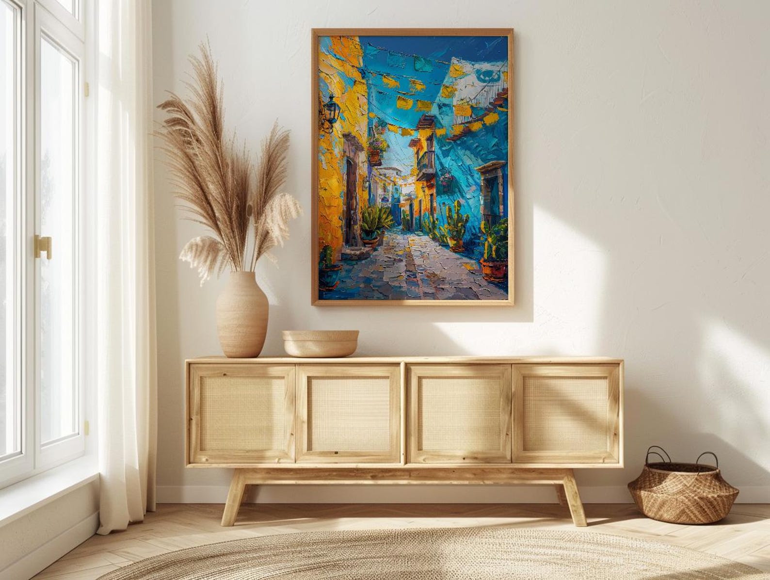 Mexican Street Oil Painting Poster, Colorful Alley Art Print, Vibrant Mexico Wall Art, Cacti & Yellow Wall Decor, Impasto Style Travel Art — view 2