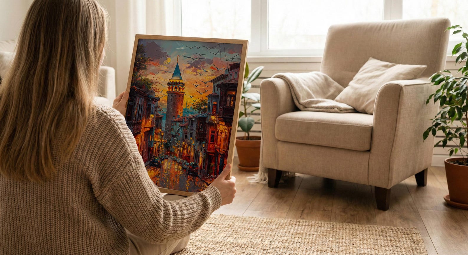 Istanbul Wall Art, Galata Tower Print, Turkey Travel Poster, Impasto Oil Painting, Golden Hour City, Wanderlust Decor, Urban — view 6