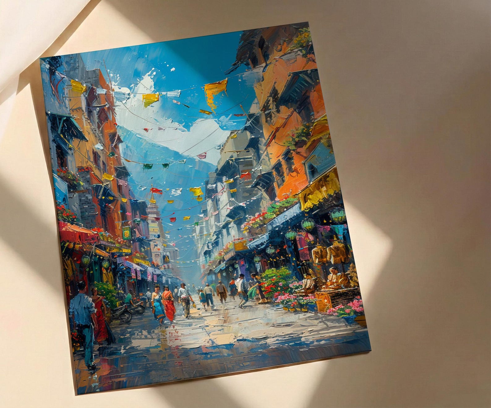Kathmandu Market Poster, Nepal Thangka Decor - Prayer Flag Art — view 3