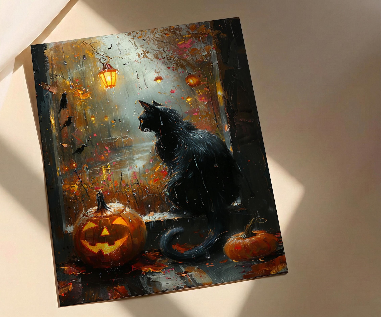 Halloween Window Wall Art, Black Cat Decor - Pumpkin Patch Rainy View — view 3