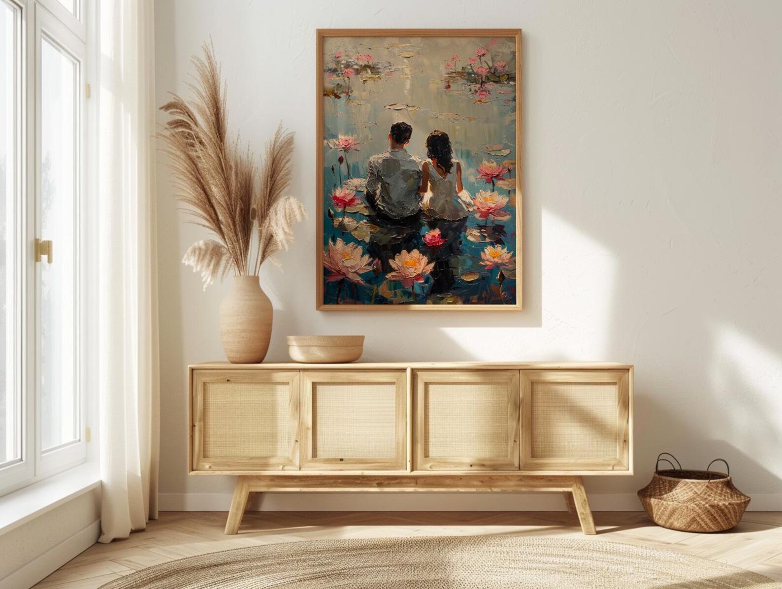Lotus Flower Art, Spiritual Love, Indian Pond, Impasto Oil Painting, Yoga Room Decor, Pink Water Lily, Serene Wall Art — view 2