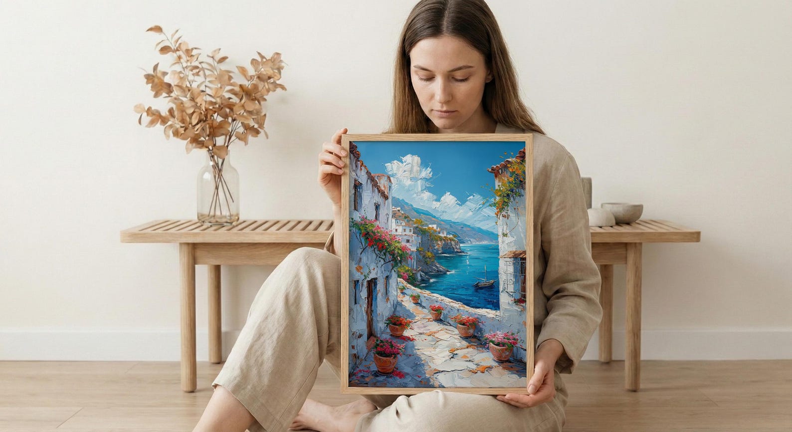 Muscat Coastal Art Print, Red Geranium - Wooden Boat Landscape — view 6