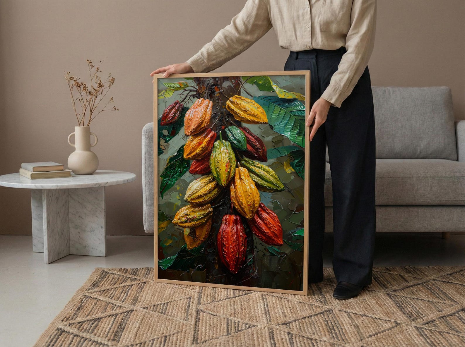 Cacao Pod Tree Wall Art, Exotic Nature Decor - Red Yellow Fruit Summer Jungle — view 6