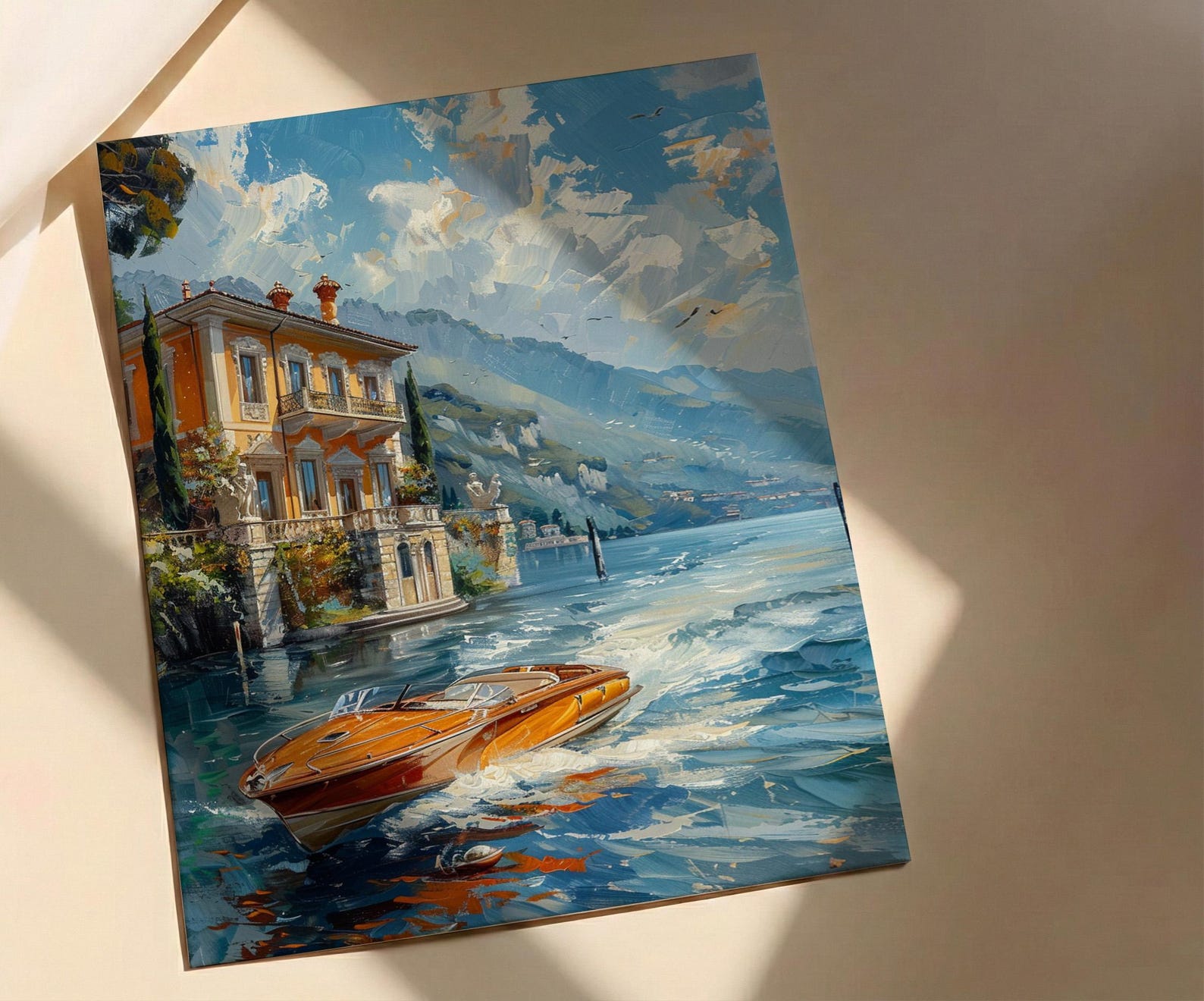 Lake Como Wall Art, Italian Villa Print, Luxury Travel Decor, Impasto Oil Painting, Garden Landscape, Anniversary Gift, Italy Lake — view 4