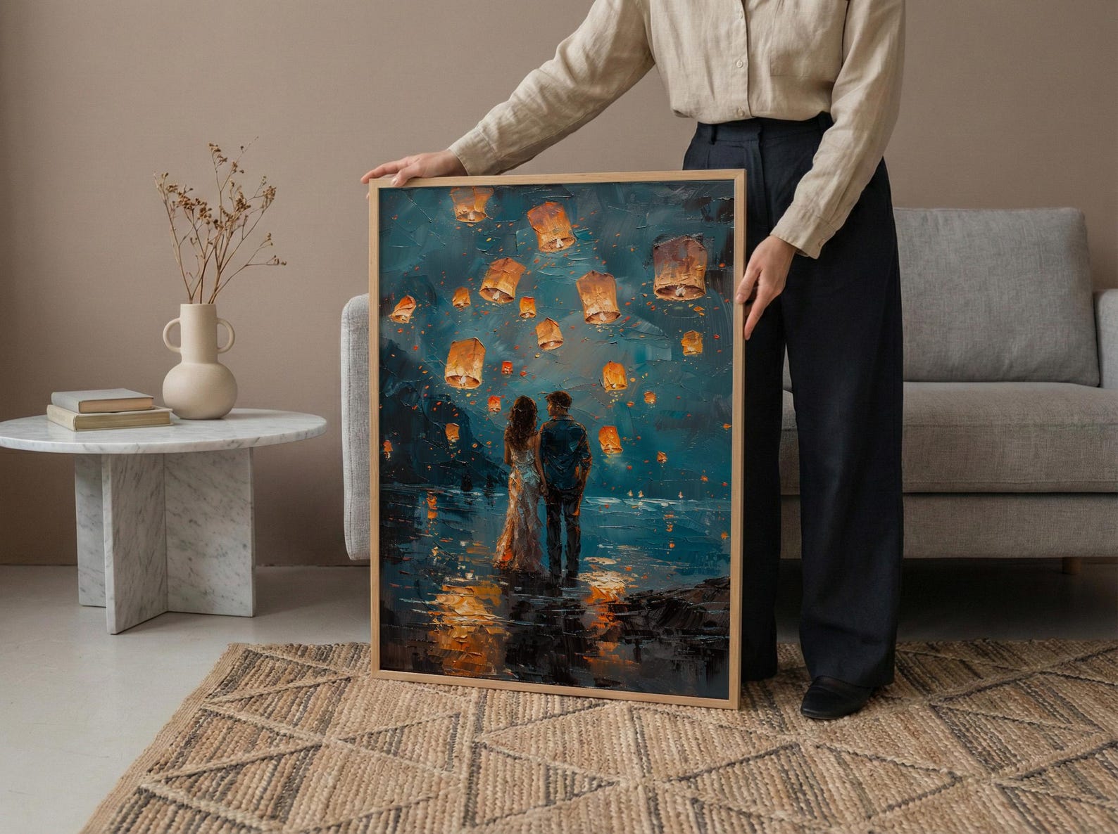 Thailand Wall Art, Chiang Mai Lantern Art Print, Night Sky Poster, Romantic Couple Painting, Asian Festival Decor — view 4