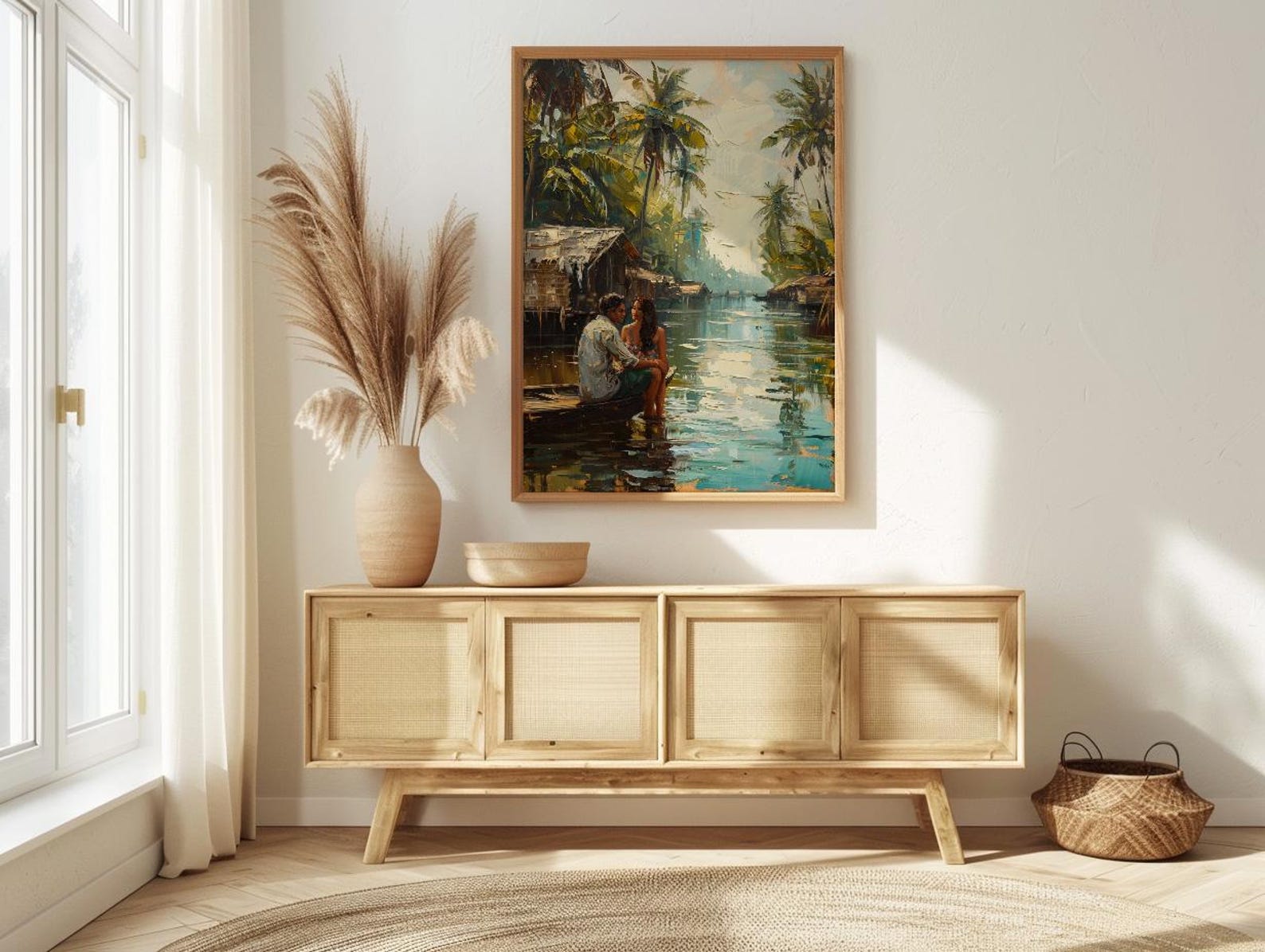 Kerala Art Print, India Backwaters Poster, Houseboat Wall Art, Tropical Palm Painting, South Indian Decor — view 3