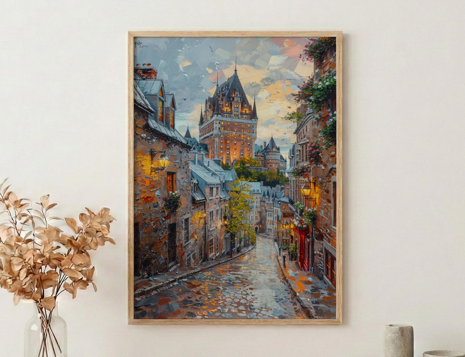 Quebec City Castle Poster, Historic Canadian Architecture Travel Decor - Cobblestone Street Summer View