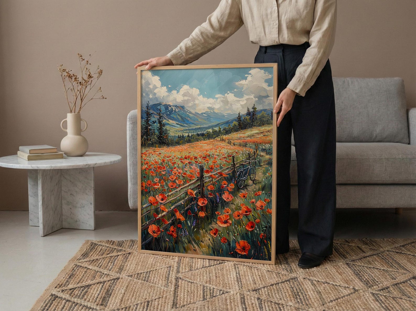 Iraqi Mountain Art Print, Red Poppy Decor - Green Hills Landscape — view 5