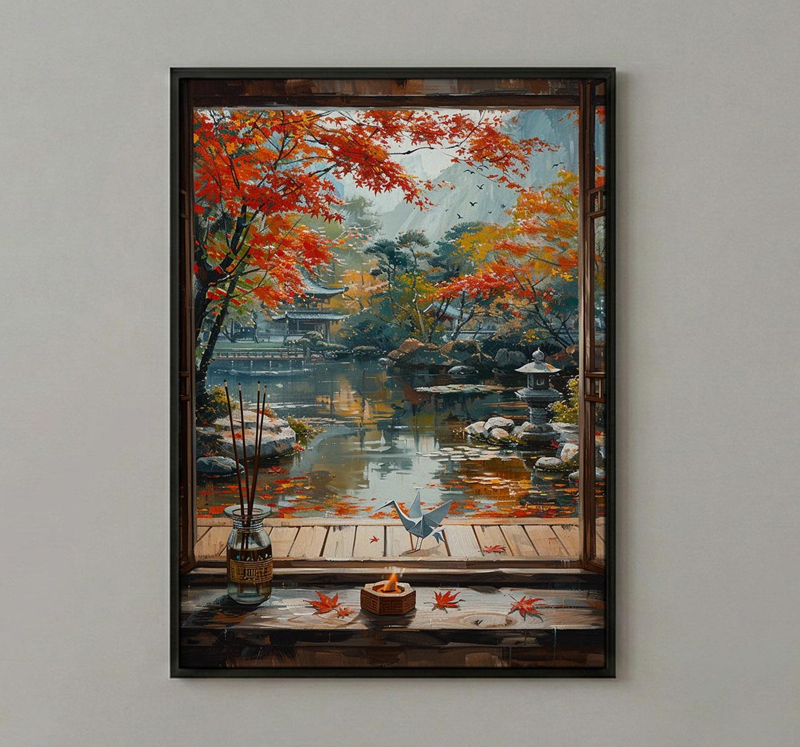 Kyoto Window Art Print, Zen Garden Decor - Autumn Red Maple Origami — view 2