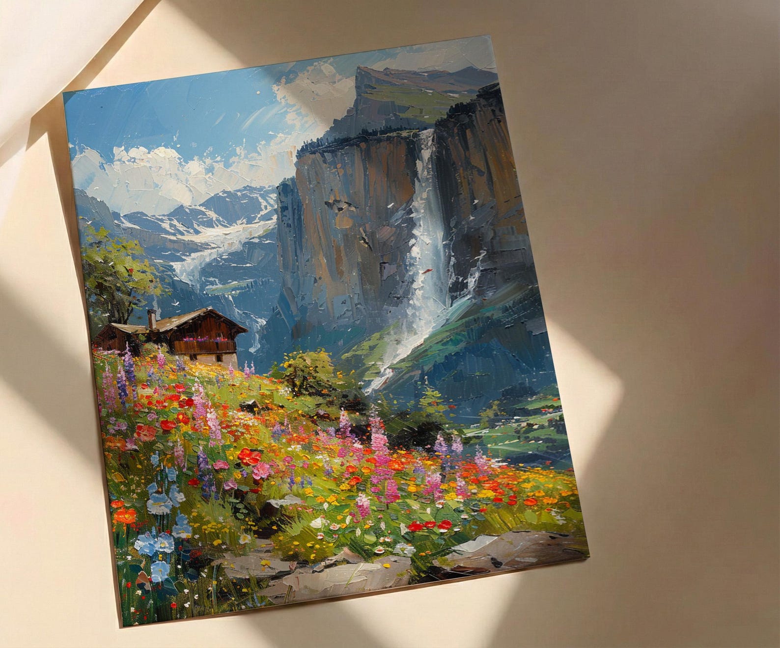 Lauterbrunnen Valley Wall Decor, Alpine Waterfall Print - Textured Impasto Oil Painting — view 2