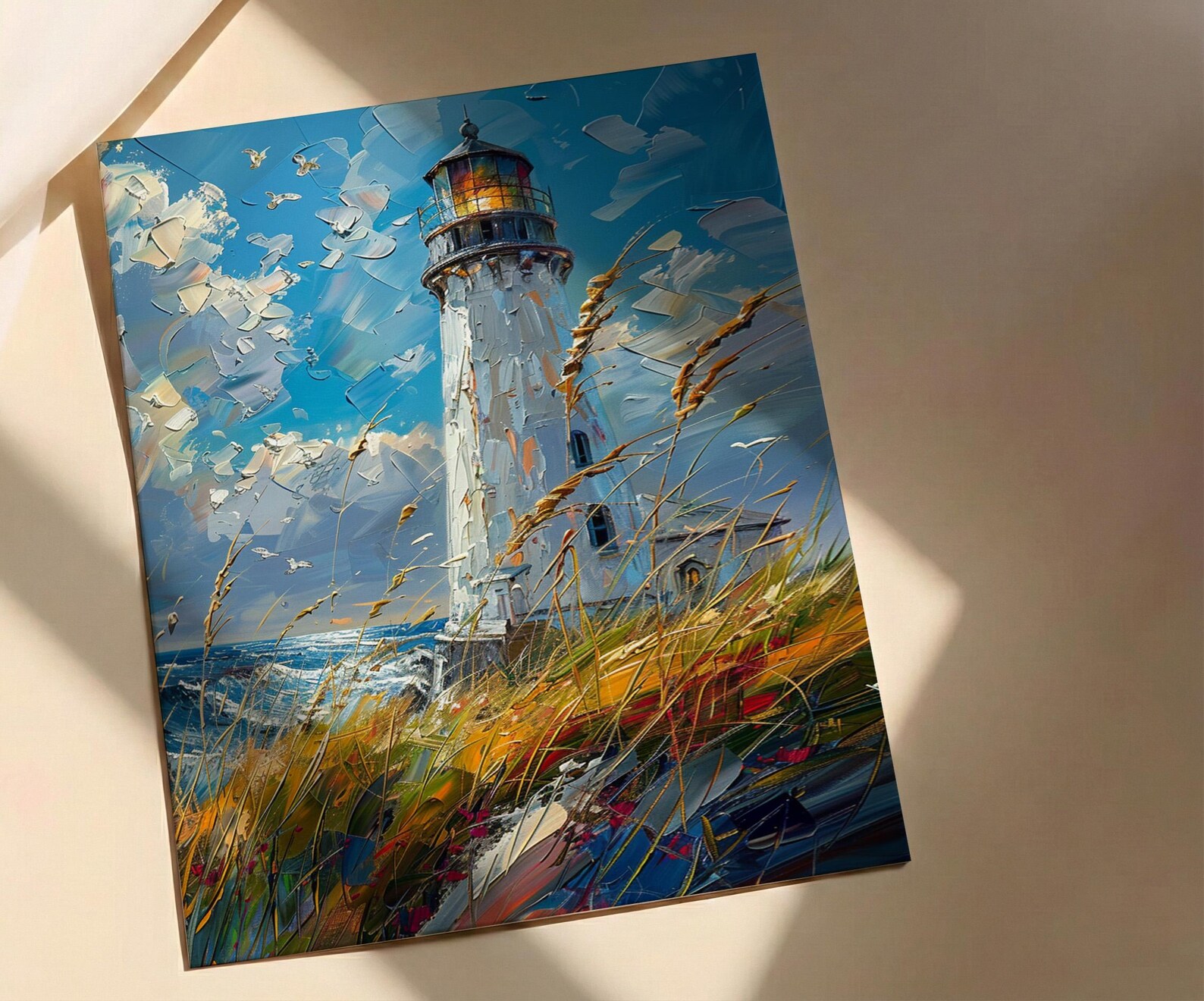 Lighthouse Seagrass Beach Wall Art, Classic Coastal Ocean Decor - White Tower Summer Wind — view 4