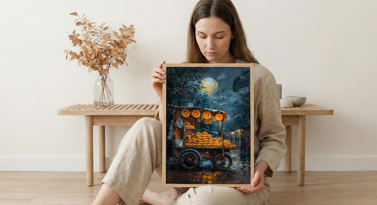 Golden Empanada Street Art Print, Latin Food Decor - Warm Evening Lantern Summer Cart — view 6