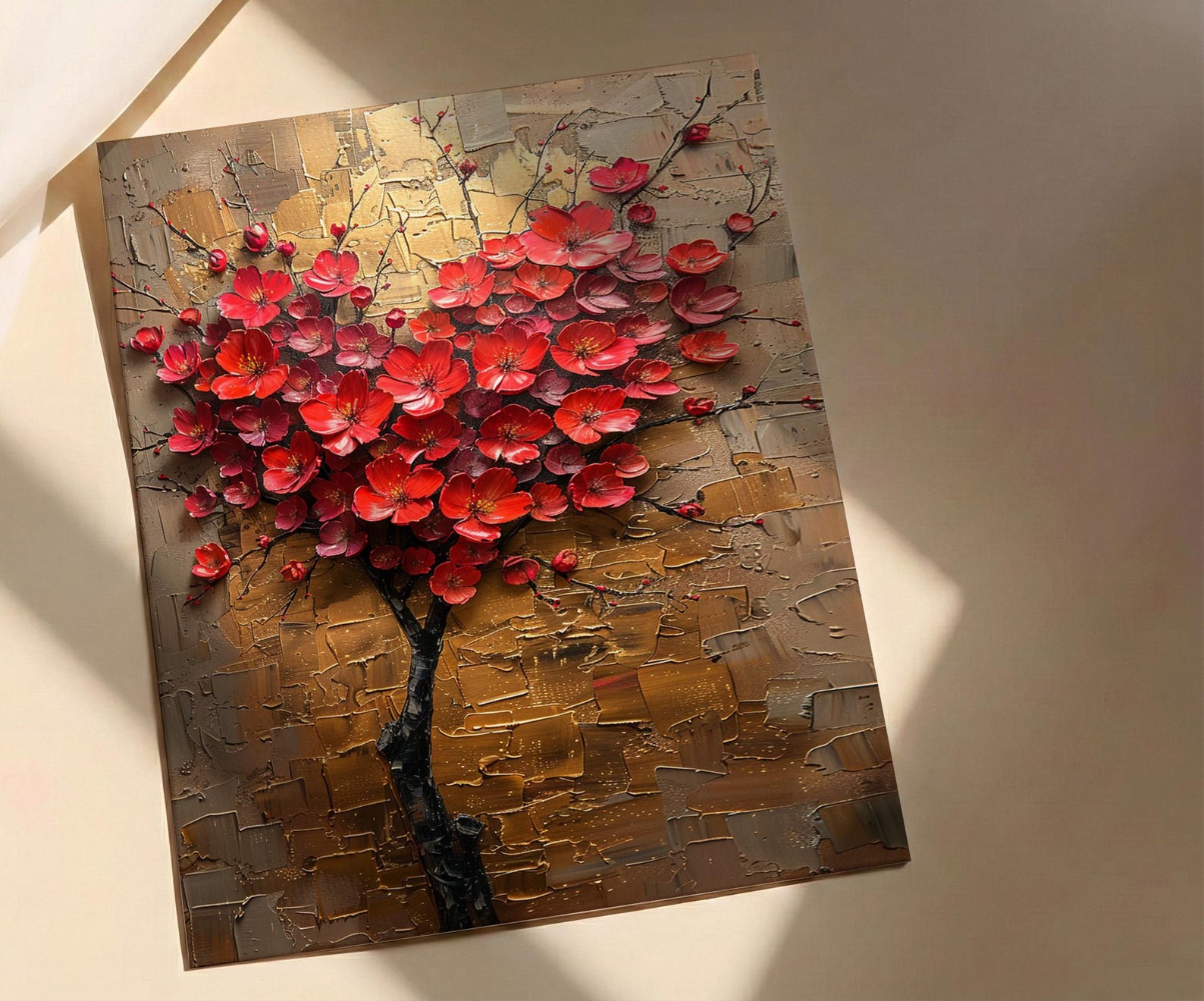 Floral Heart Art, Camellia Flower, Asian Botanical, Impasto Oil Painting, Nature Love, Spring Wall Decor, Gold Leaf Texture — view 5