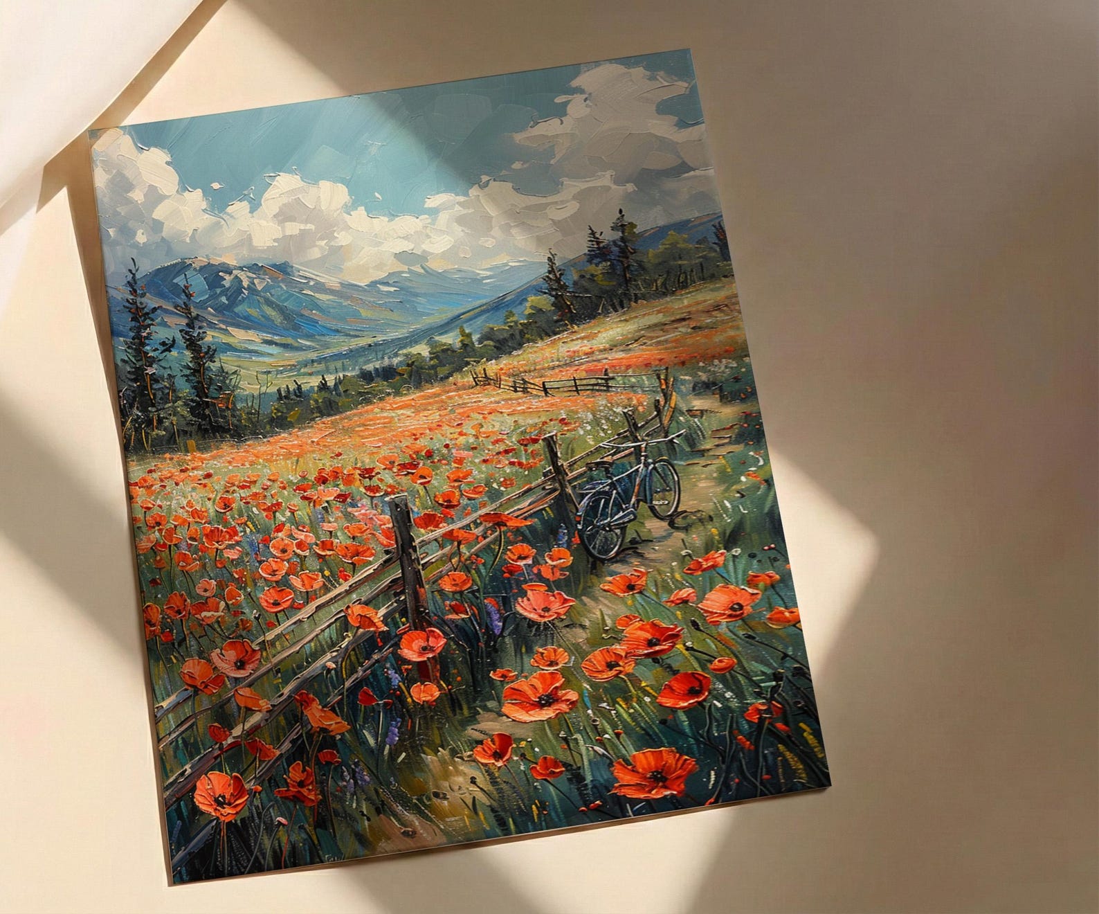 Iraqi Mountain Art Print, Red Poppy Decor - Green Hills Landscape — view 2