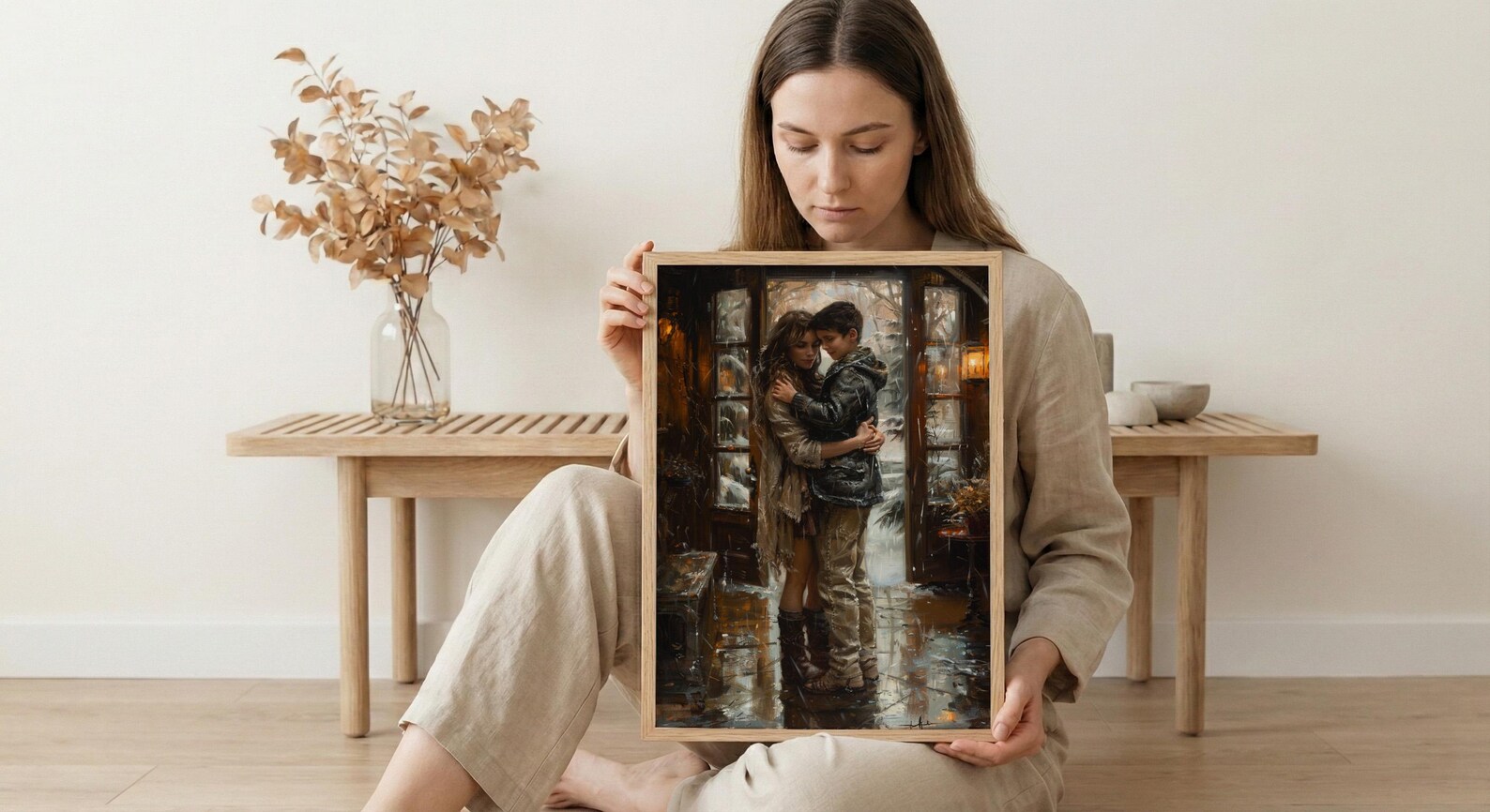 Mother Son Hug Print, Rainy Morning Wall Art - Thick Oil Painting Style — view 6