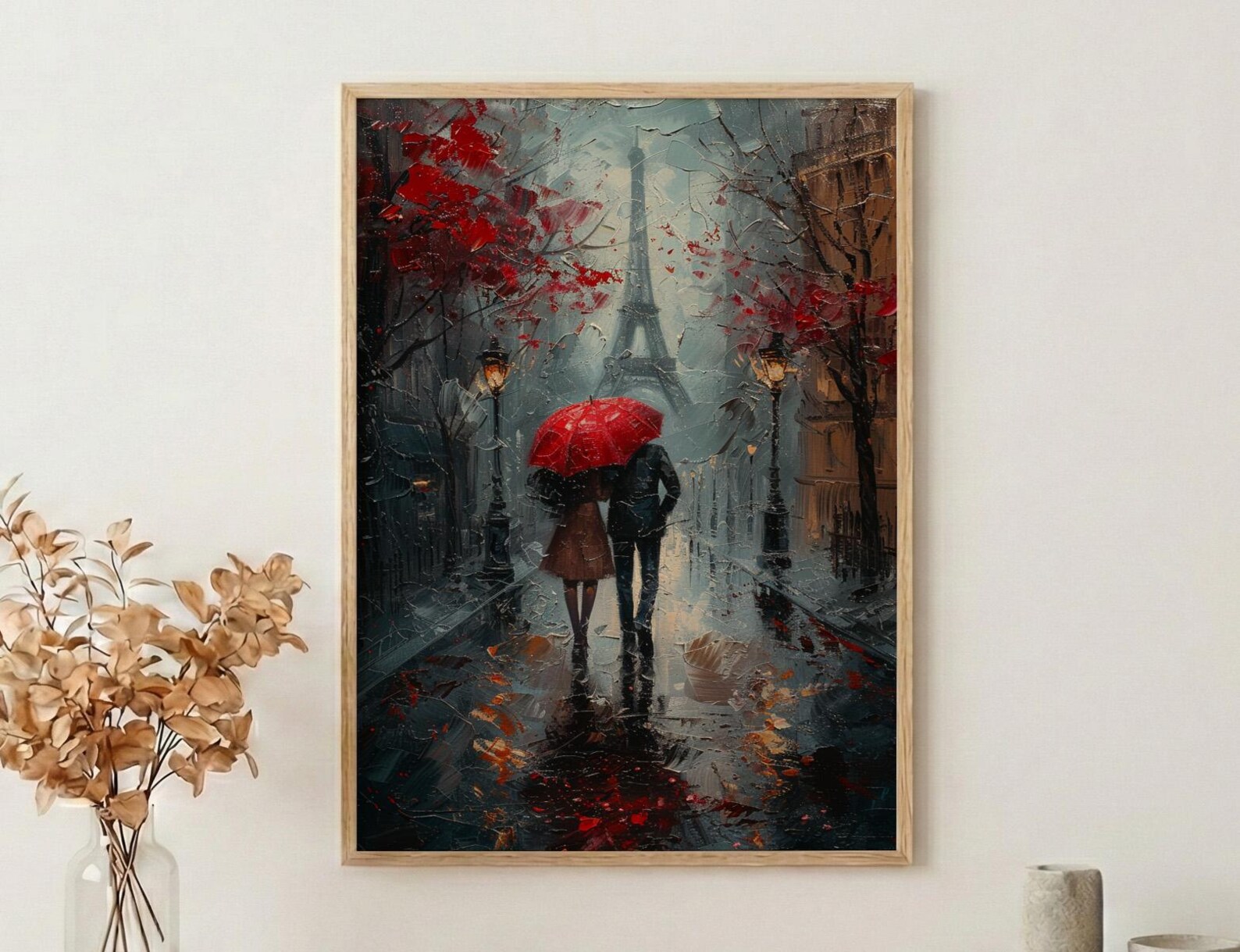 Paris Wall Art, Eiffel Tower Print, Romantic Couple Gift, Impasto Oil Painting, Rainy Paris Street, Wedding Gift, Red Umbrella — view 3