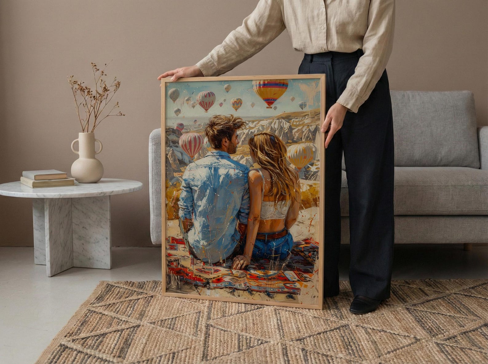 Cappadocia Wall Art, Turkey Balloon Art Print, Sunrise Landscape Poster, Romantic Couple Painting, Boho Travel Decor — view 4