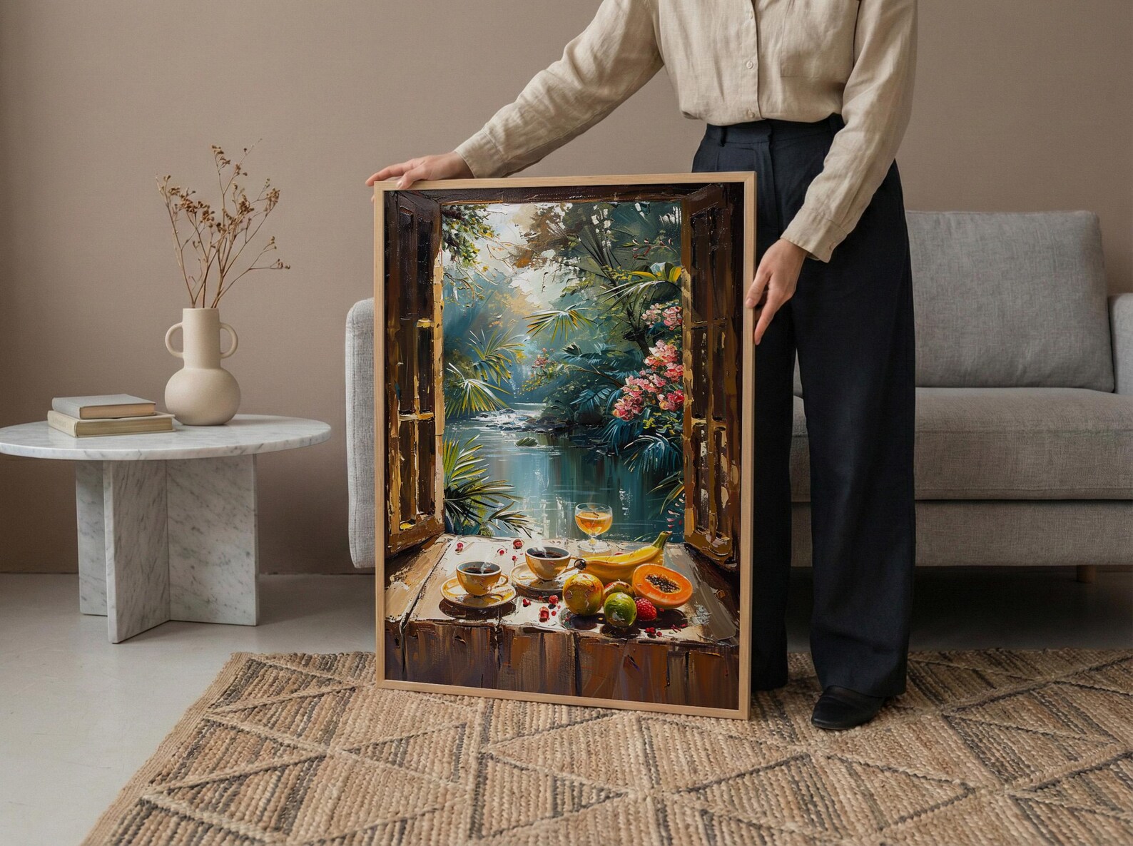Amazon Rainforest Wall Art, Tropical River Art Print, Coffee Window Poster, Lush Green Painting, Nature Room Decor — view 4