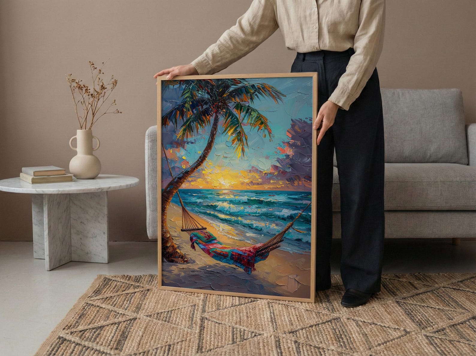 Fiji Beach Hammock Art Print, Golden Sunset Home Decor - Tropical Palm Coast Summer Getaway — view 5