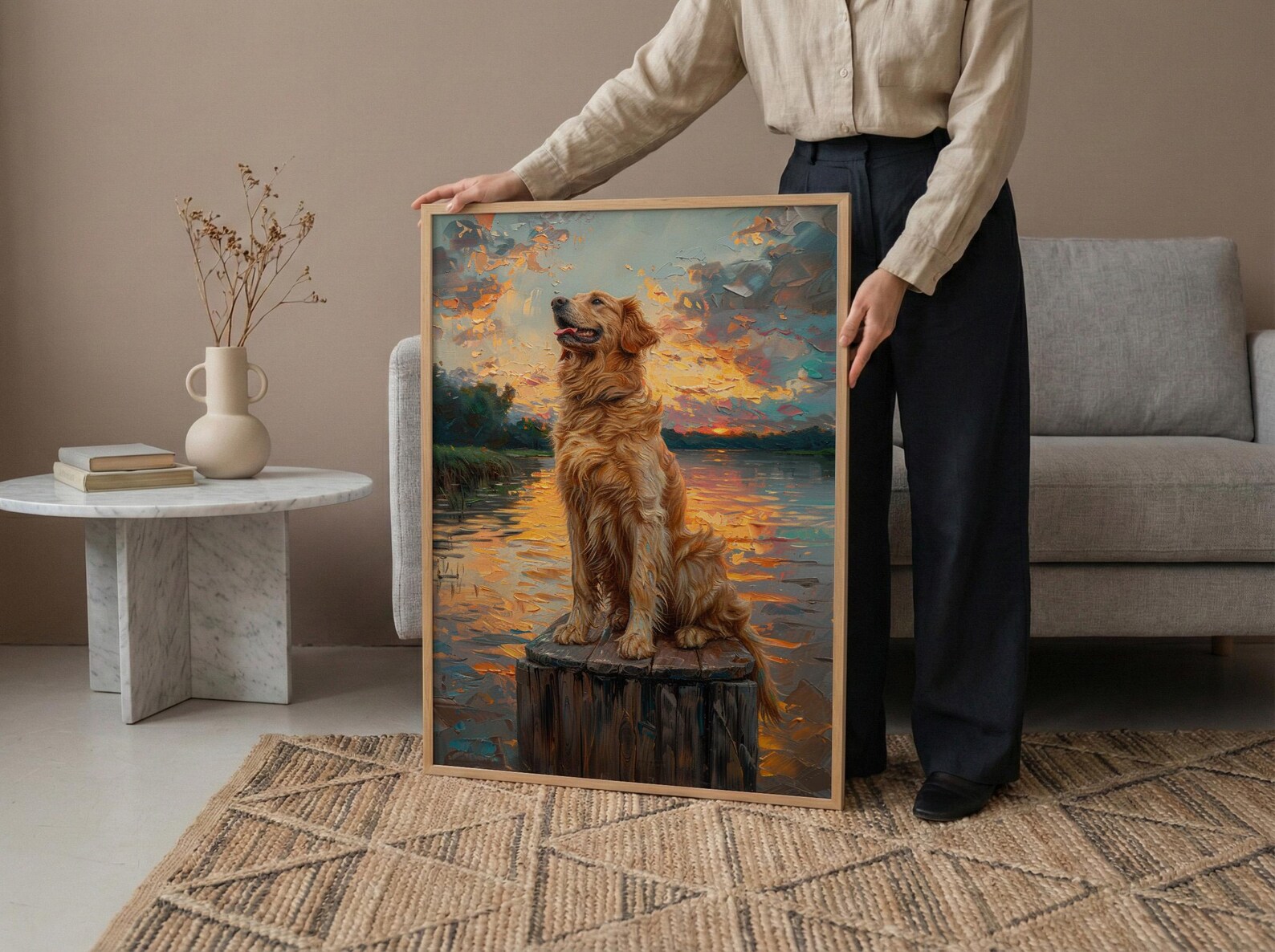Golden Retriever Dock Wall Art, Lake House Rustic Decor - Bright Summer Sunrise Scene — view 5