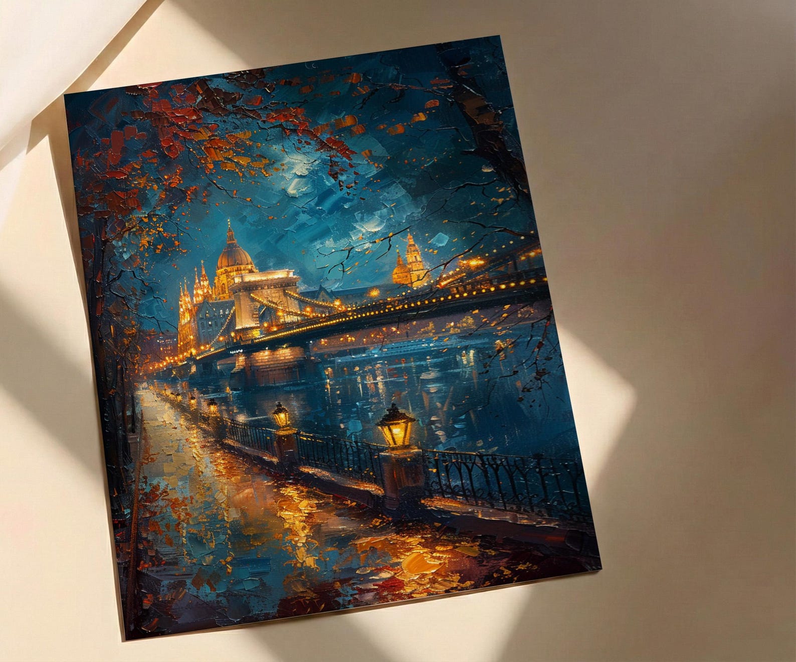 Budapest Wall Art, Chain Bridge Print, Hungary Travel, Impasto Oil Painting, Night Cityscape, Golden Lights, Romantic View — view 5