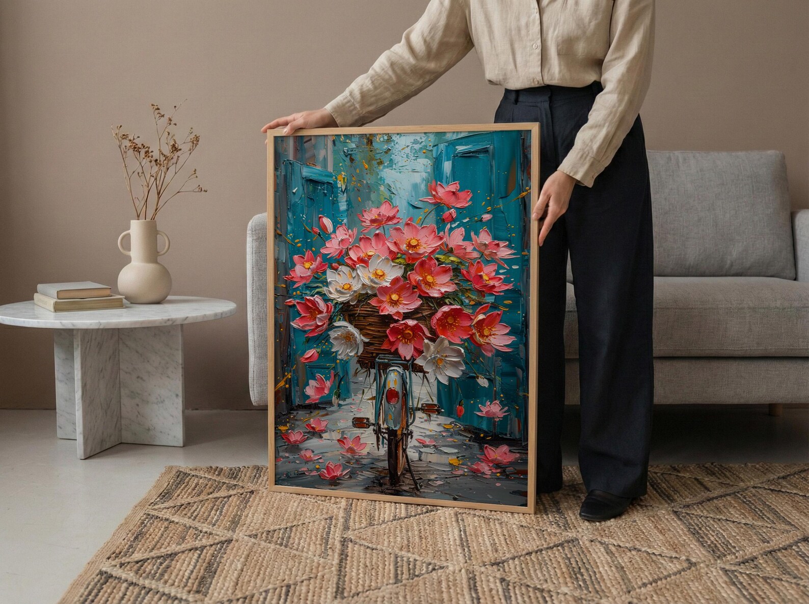 Hanoi Lotus Bicycle Wall Art, Pink Spring Floral Decor - Living Room Decor — view 6