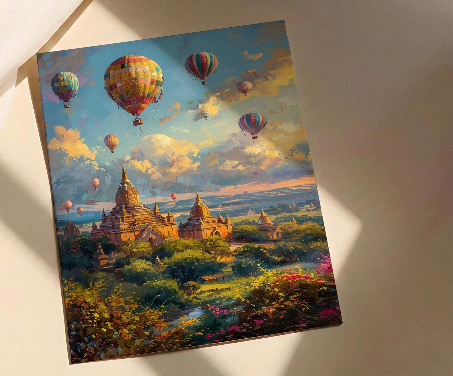 Bagan Hot Air Balloon Poster, Ancient Temple Spring Art - Textured Impasto Oil Painting — view 2