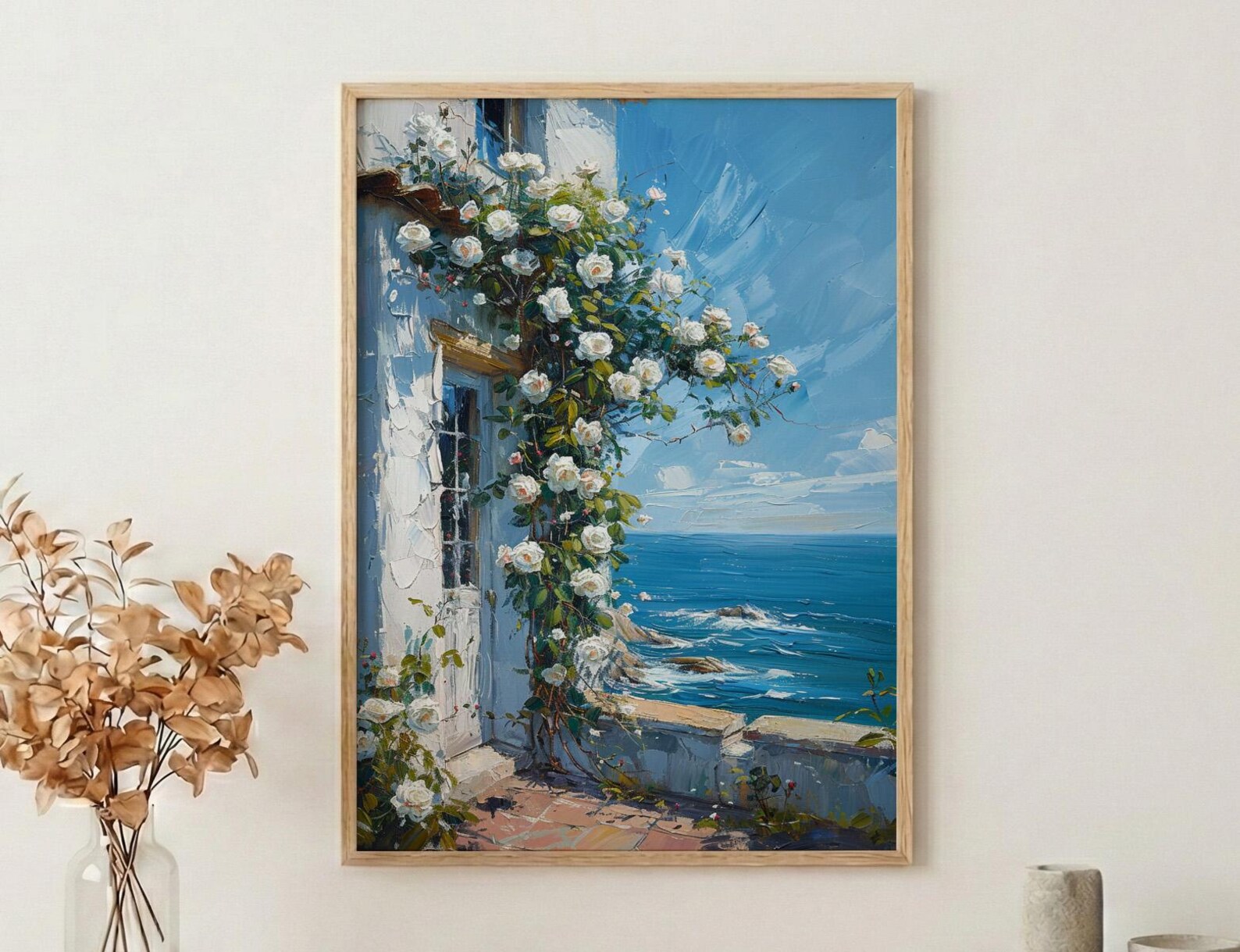 Hamptons White Rose Poster, Luxury Beach House Coastal Decor - Beautiful Garden Summer Bloom