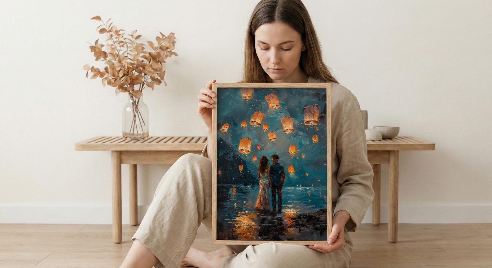 Thailand Wall Art, Chiang Mai Lantern Art Print, Night Sky Poster, Romantic Couple Painting, Asian Festival Decor — view 5