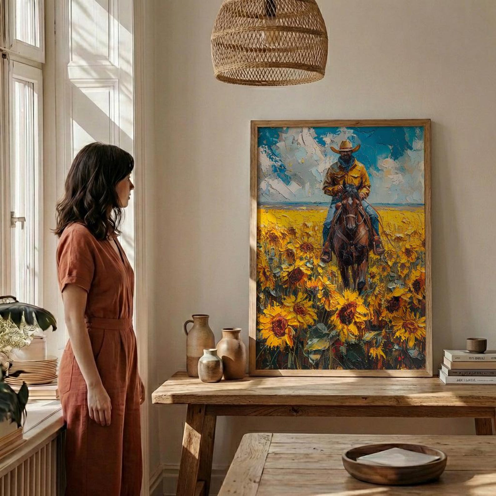 Western Horse Wall Art, Cowboy Blooming Sunflower Field Decor - Bright Yellow Summer Nature View — view 6