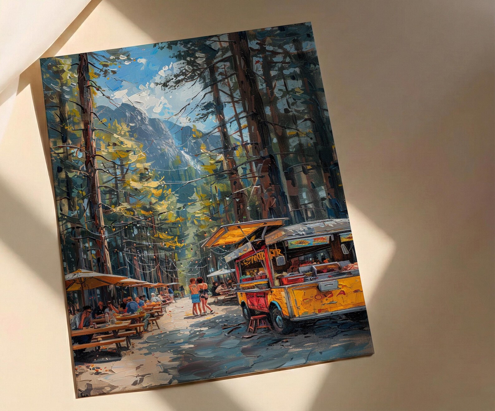 Portland Food Cart Wall Art, Oregon Street Food Decor - Lush Pine Tree Picnic Scene — view 3
