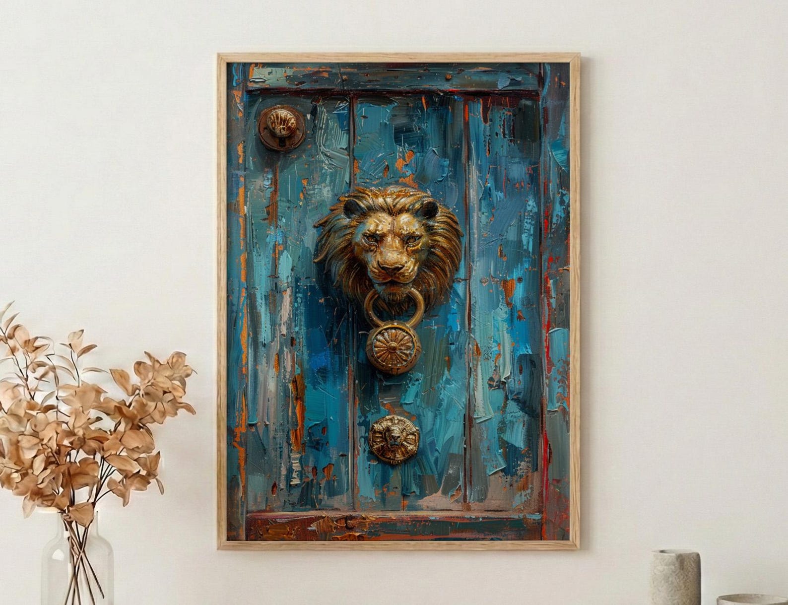 Antique Wooden Door Wall Art, Colonial Street Decor - Brass Lion Knocker Summer Shadow