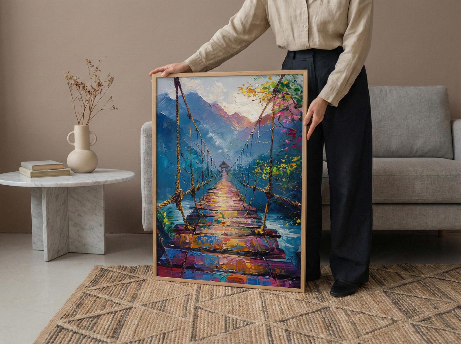 Inca Hanging Bridge Wall Art, Peru Canyon Decor - Woven Grass Rope Summer Sun — view 4