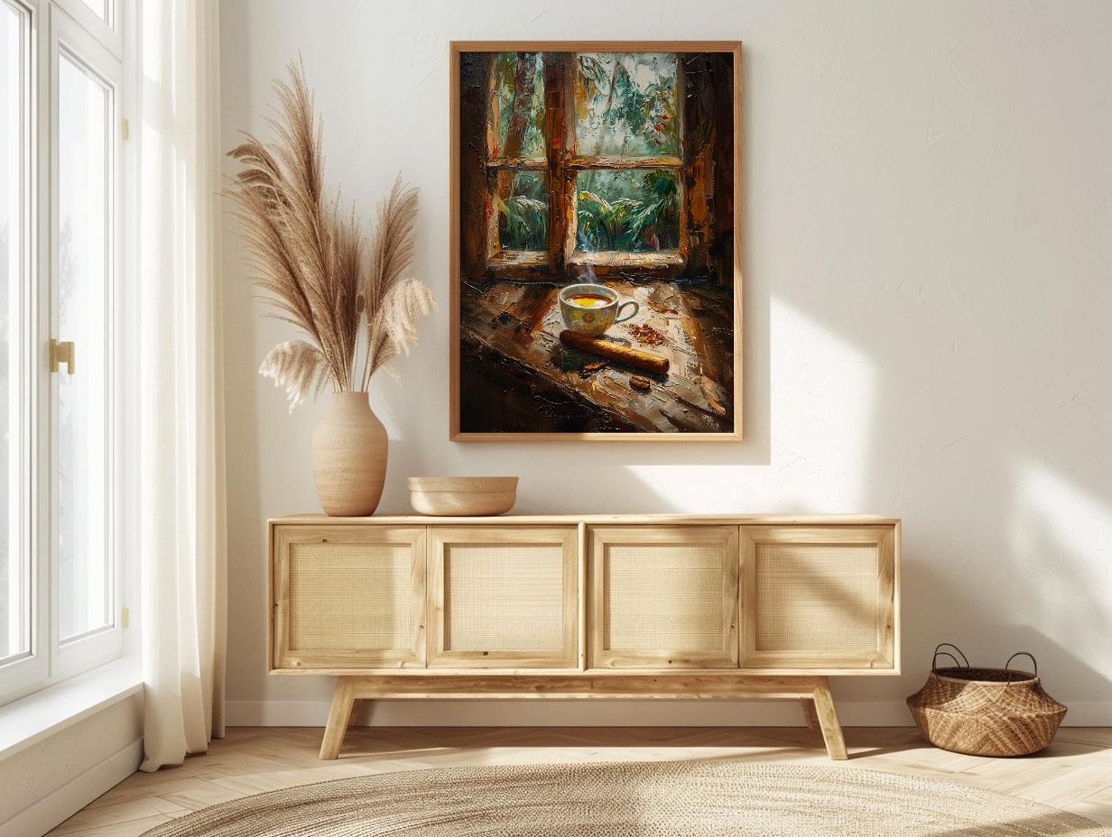 Havana Cuba Oil Painting Poster, Coffee and Cigar Art Print, Nostalgic Caribbean Window Wall Art, Tropical Rustic Decor, Impasto Still Life — view 2