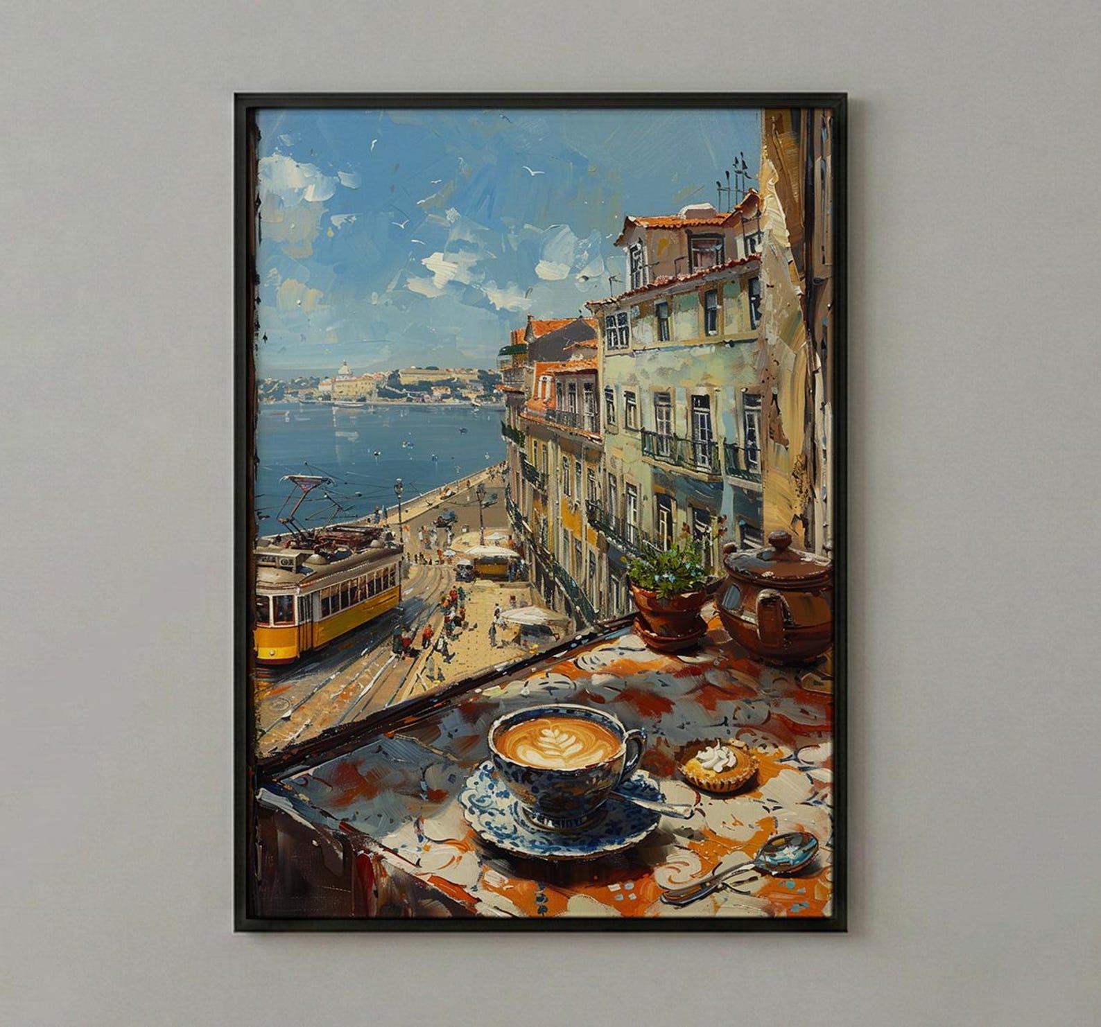 Lisbon Window Art Print, Yellow Tram Decor - Pastel De Nata Landscape — view 2