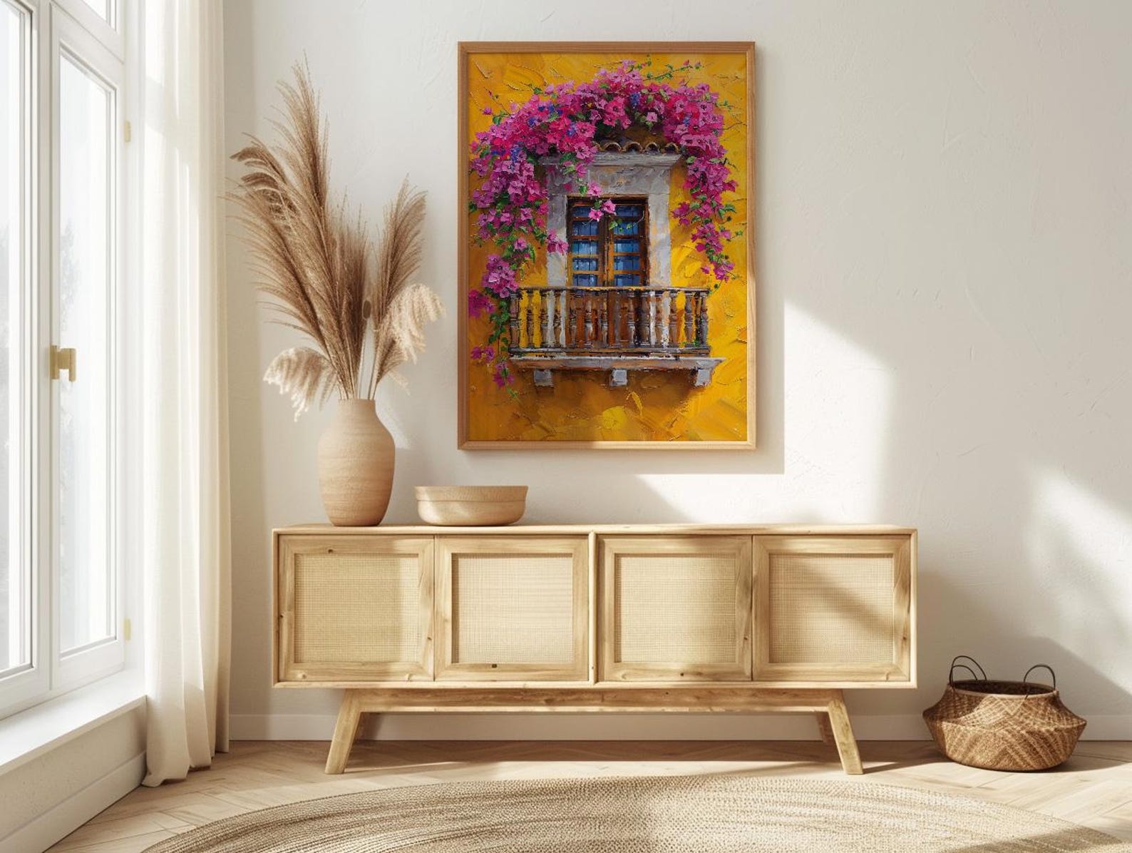 Cartagena Colombia Oil Painting Poster, Pink Bougainvillea Art Print, Yellow Wall Decor, Latin American Balcony Wall Art, Impasto Floral — view 2