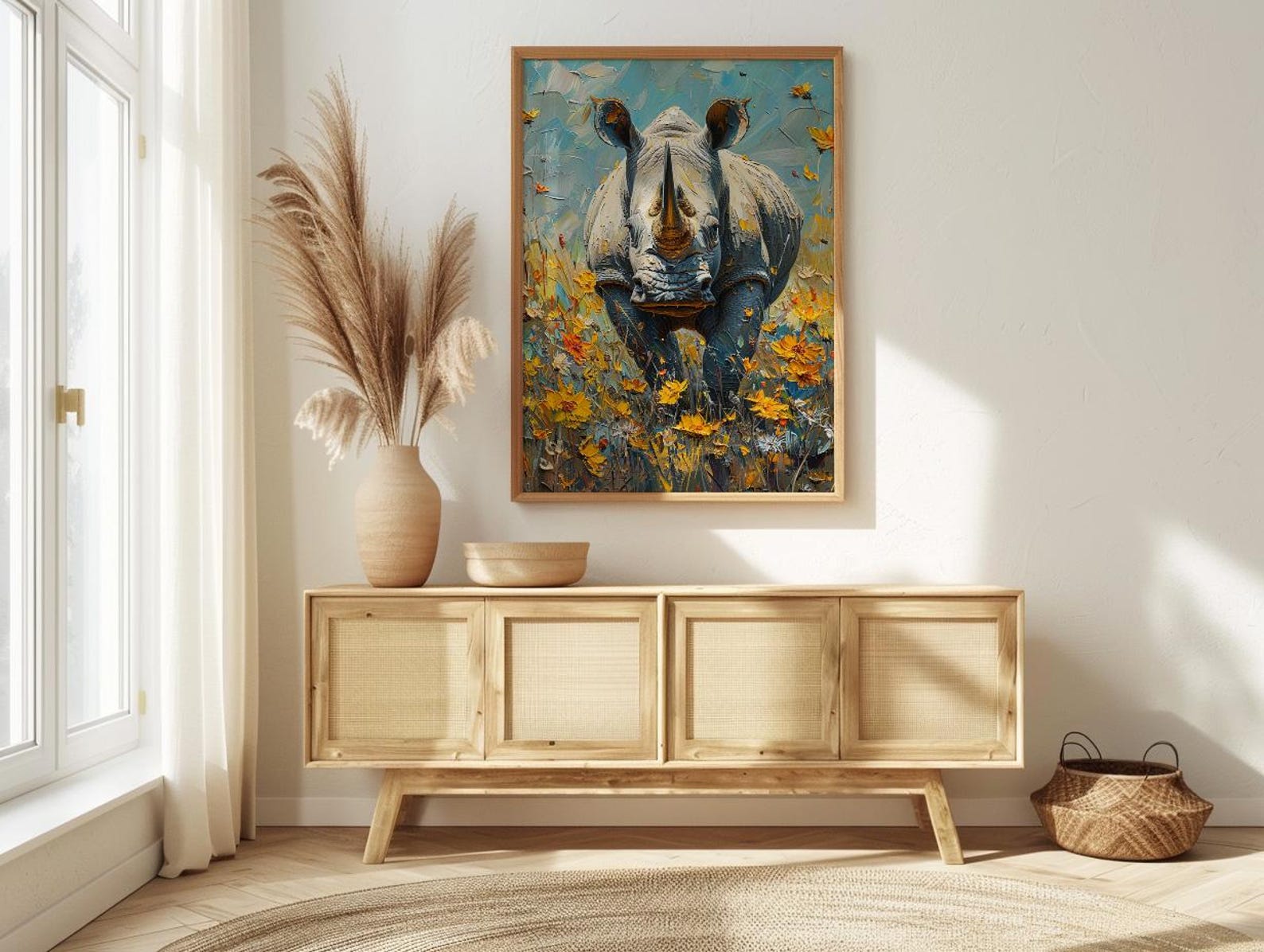 African Rhino Art Print, Blooming Meadow Decor - Summer Floral Landscape — view 4