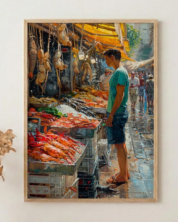 Santiago Market Art Print, Chile Seafood Decor - Vibrant Summer
