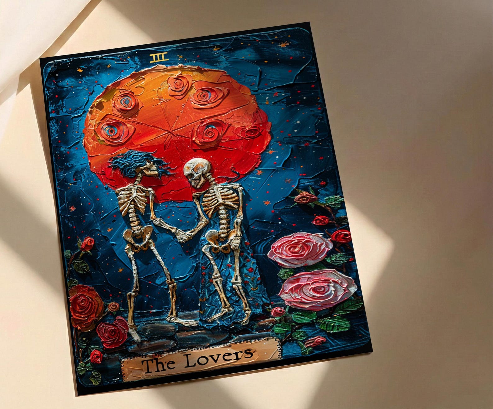 The Lovers Tarot Card Print, Skeleton Art, Gothic Wall Decor, Impasto Oil Painting, Mystical Skull Art, Witchy Gift, Occult Poster — view 2